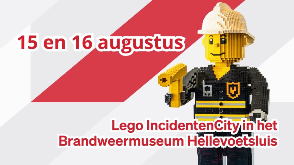 Naast een afbeelding van een Brandweerman gemaakt uit Lego, staat de informatie voor het Agenda-item: 15 en 16 augustus - Lego IncidentenCIty in het Brandweermuseum Hellevoetsluis